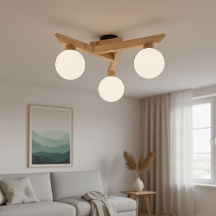 ANTONIO flush‑mount ceiling light, 3× G9 (5 W), 230 V — oak/white