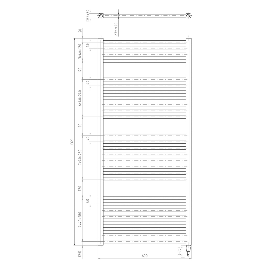 Aqualine - Bathroom electric radiator DIRECT-E 600W/230V 132 cm matte black straight