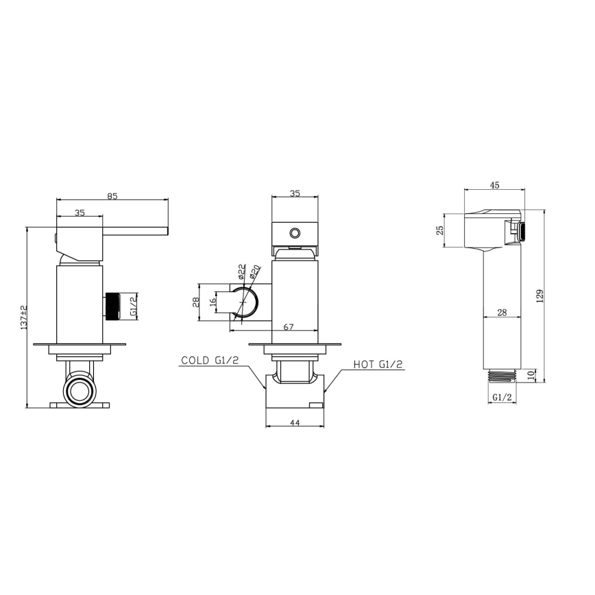 Aqualine - Bidet tap with shower for concealed installation shiny chrome