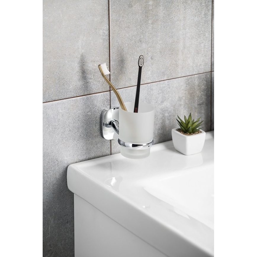 Aqualine - Wall-mounted toothbrush holder RUMBA milky glass/shiny chrome