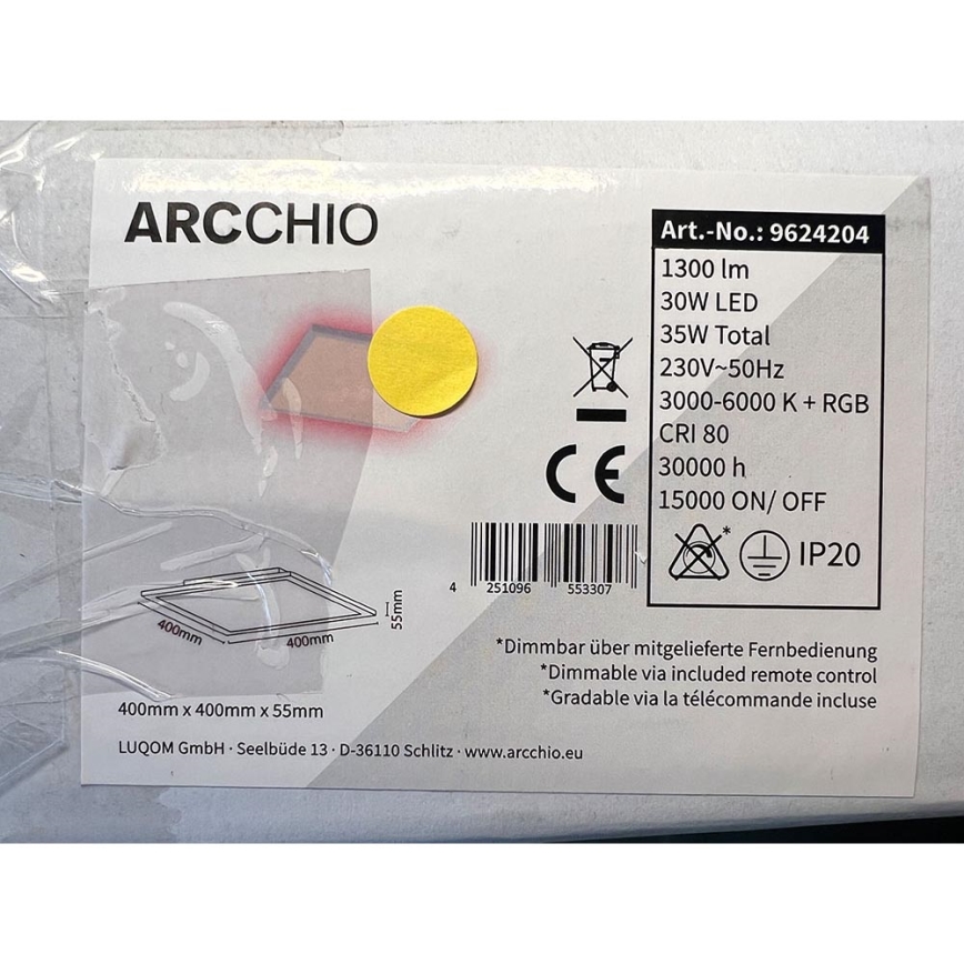 Arcchio - LED RGBW Dimmable ceiling light BRENDA LED/30W/230V + remote control