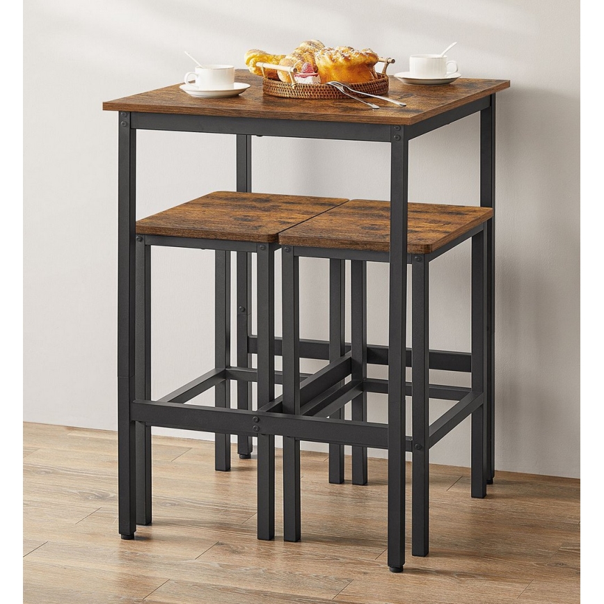 BARTIS bar table set with 2x bar stools, brown/black