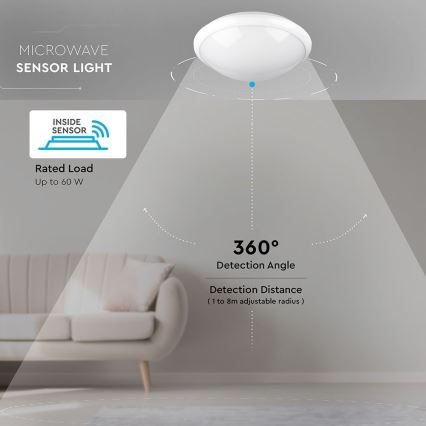 Bathroom ceiling light with sensor 1xE27/60W/230V IP44 ø 29,6 cm