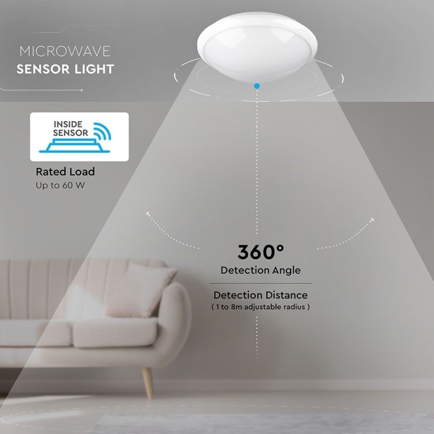 Bathroom ceiling light with sensor 1xE27/60W/230V IP44 ø 29,6 cm