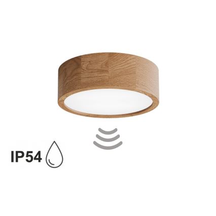 Bathroom ceiling light with sensor CLEO 2xE27/24W/230V, Ø 27.5 cm, IP54, oak