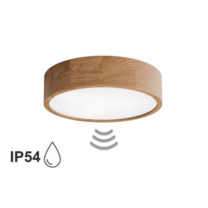Bathroom ceiling light with sensor CLEO 3xE27/24W/230V Ø 37.5 cm IP54 oak
