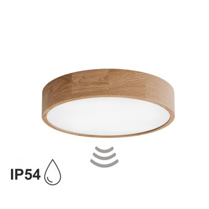 Bathroom ceiling light with sensor CLEO 4xE27/24W/230V Ø 47.5 cm IP54 oak
