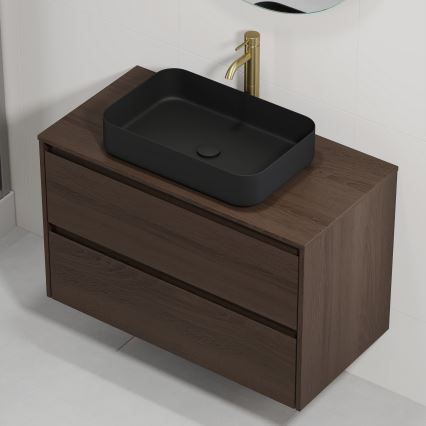Bathroom vanity unit with basin TRONDHEIM/LJORDAL 90x57x46 cm walnut/black