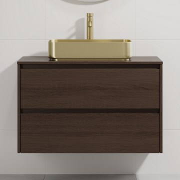 Bathroom vanity with sink TRONDHEIM/LJORDAL 90x57x46 cm walnut/brass