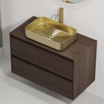 Bathroom vanity with sink TRONDHEIM/LJORDAL 90x57x46 cm walnut/brass