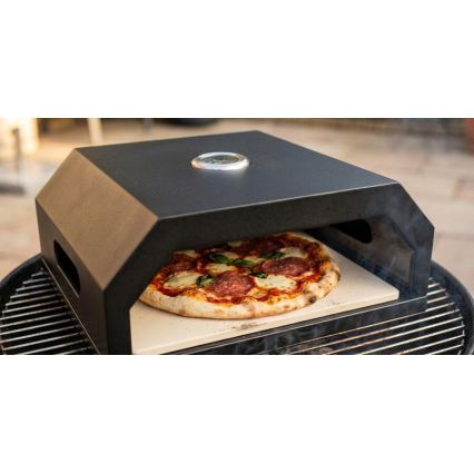 Black pizza oven with thermometer, 40 × 34.5 × 16 cm