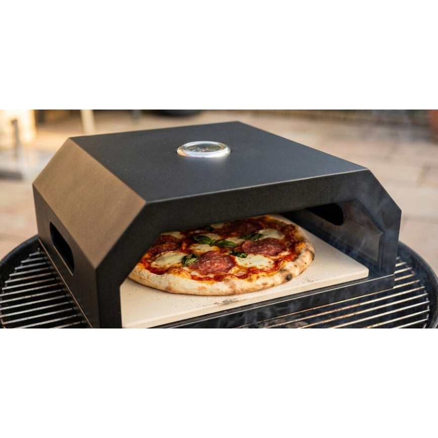 Black pizza oven with thermometer, 40 × 34.5 × 16 cm