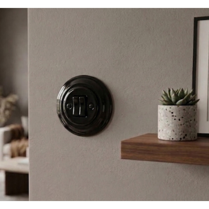 Bohemia-Design - Porcelain Retro Double Light Switch with Frame No. 5, Black