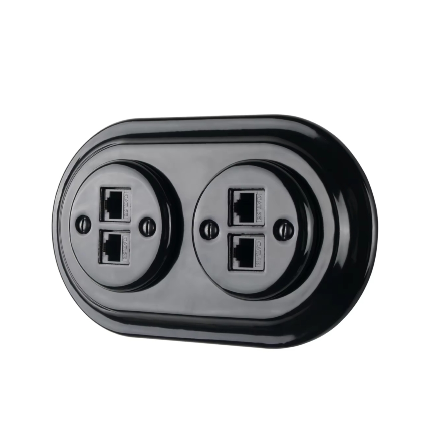 Bohemia-Design - Porcelain Retro Ethernet Socket with Frame, 2× CAT5e, Black