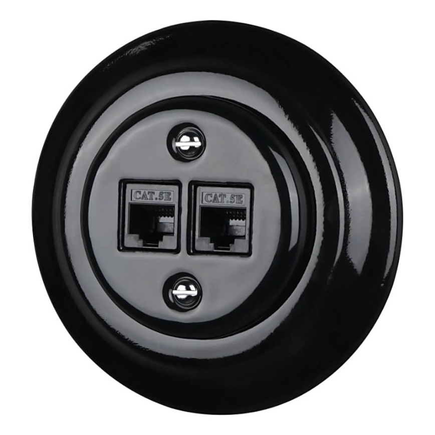 Bohemia-Design - Porcelain Retro Ethernet Wall Socket with Frame, 2x CAT.5E, Black