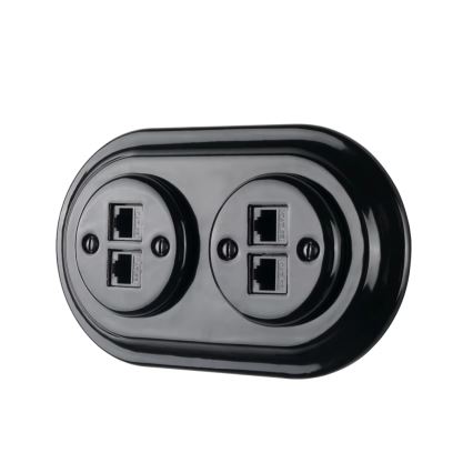 Bohemia-Design - Porcelain Retro Ethernet Wall Socket with Frame, 2x CAT.5E, Black