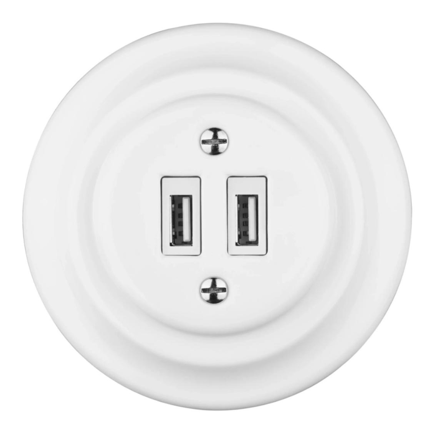Bohemia-Design - Porcelain Retro USB Power Outlet with Frame, 2x USB-A, White