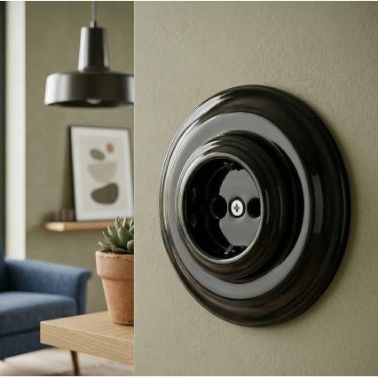 Bohemia-Design - Porcelain Retro Wall Socket with Frame, SCHUKO 250V/16A, Black