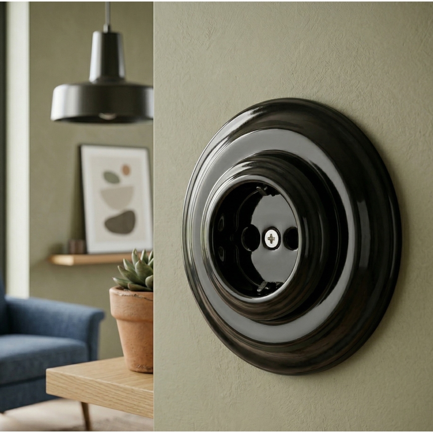 Bohemia-Design - Porcelain Retro Wall Socket with Frame, SCHUKO 250V/16A, Black