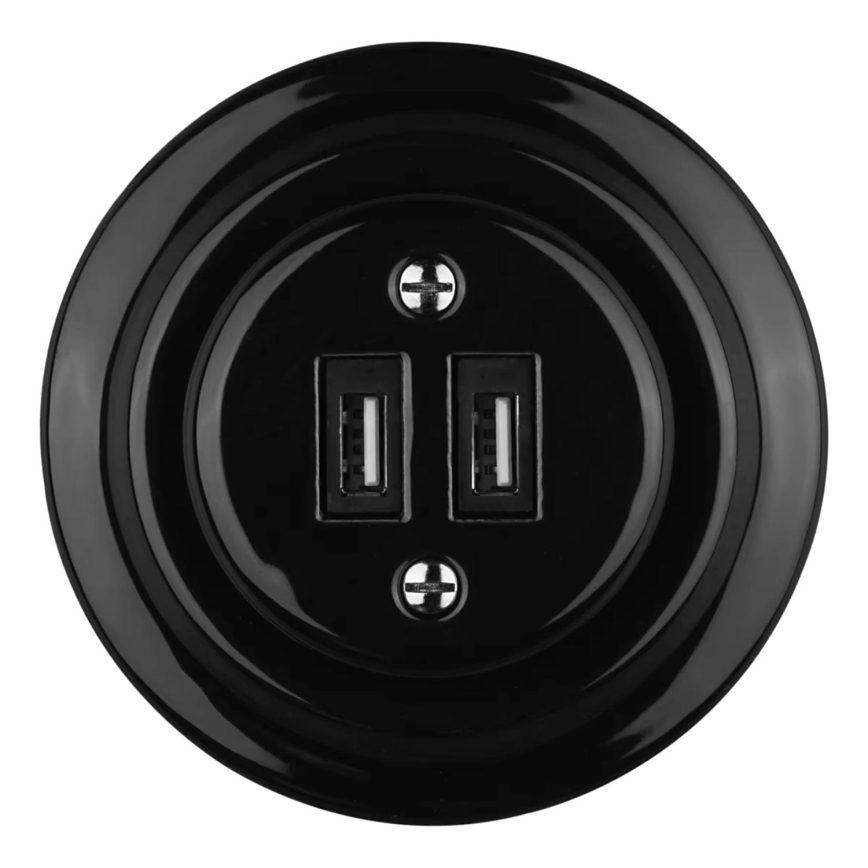 Bohemia-Design - Retro Porcelain USB Power Outlet with Frame, 2× USB-A, Black