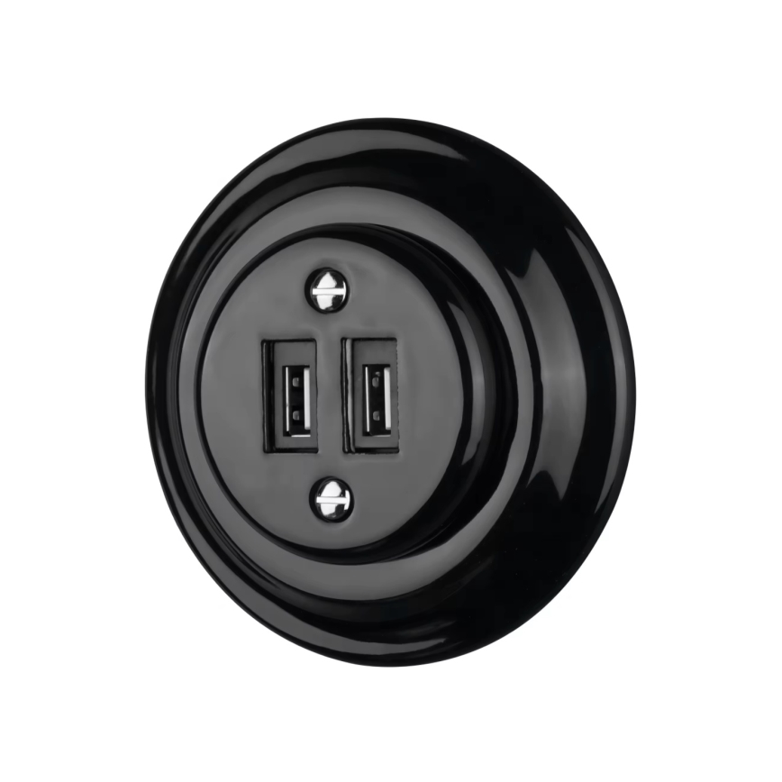 Bohemia-Design - Retro Porcelain USB Power Outlet with Frame, 2× USB-A, Black