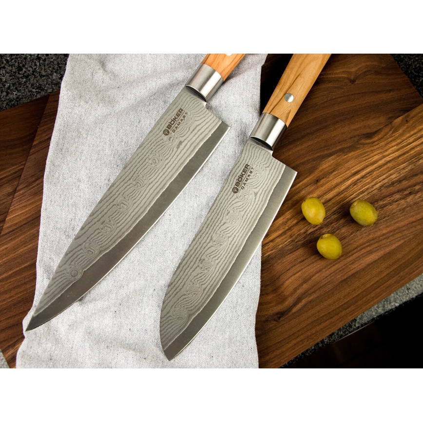 Böker - Damascus Santoku kitchen knife DAMAST OLIVE 17.2 cm olive wood