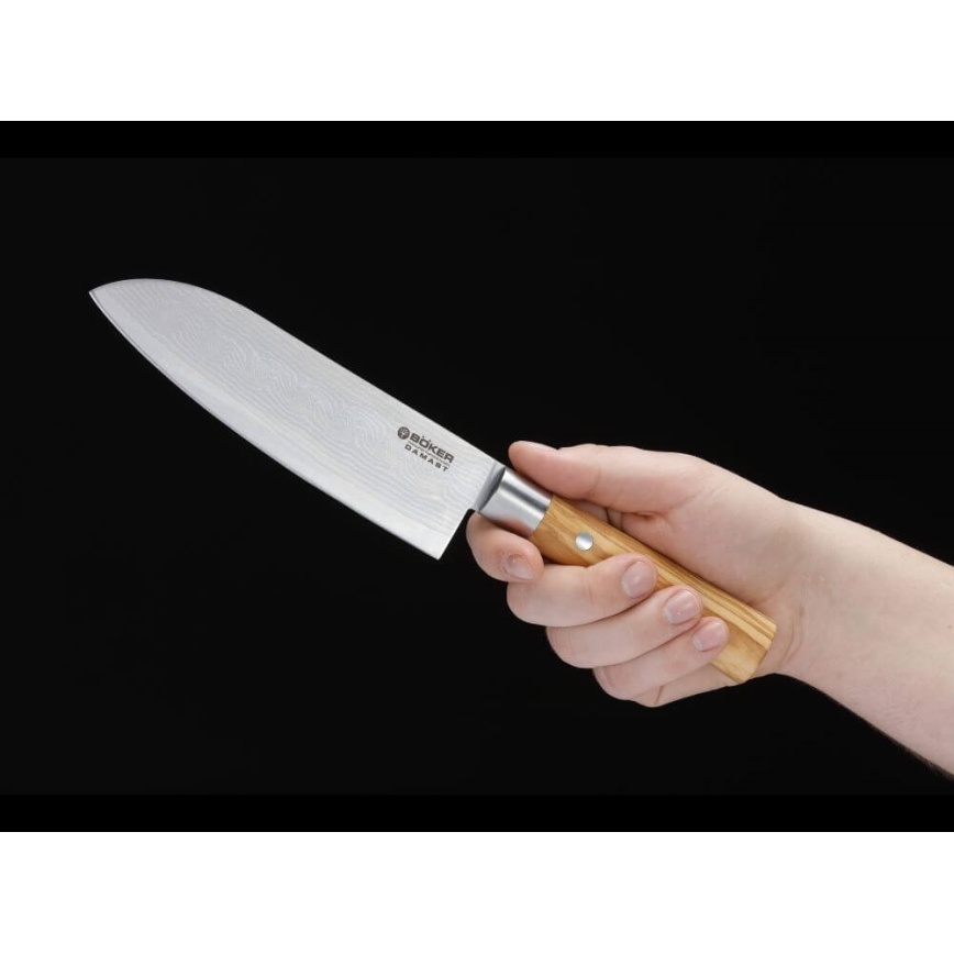 Böker - Damascus Santoku kitchen knife DAMAST OLIVE 17.2 cm olive wood