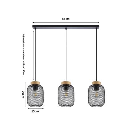 Brilagi - BASKLITE cable-hung pendant light 3xE27/15W/230V rubberwood/black