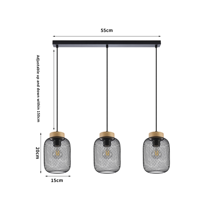 Brilagi - BASKLITE cable-hung pendant light 3xE27/15W/230V rubberwood/black