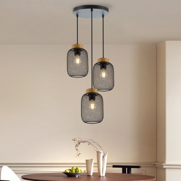 Brilagi - BASKLITE Cable-Suspended Pendant Light, 3× E27 (max. 15W), 230V, Wood/Black