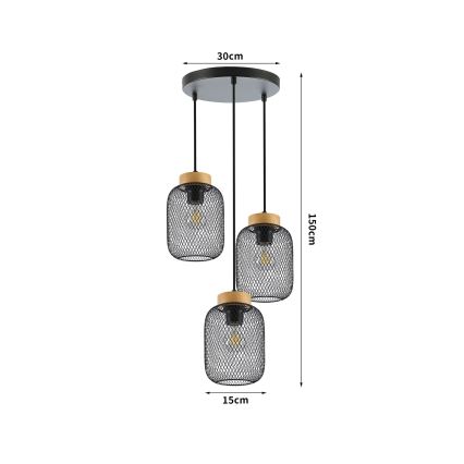 Brilagi - BASKLITE Cable-Suspended Pendant Light, 3× E27 (max. 15W), 230V, Wood/Black
