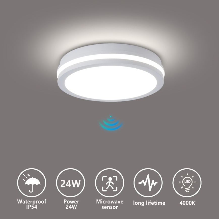 Brilagi - BENE LED Outdoor Ceiling Light with Integrated Sensor, 24W LED / 230V, Ø 26 cm, White, IP54