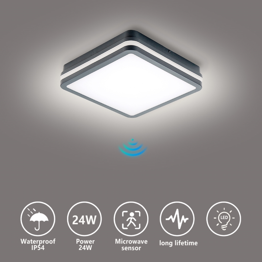 Brilagi - BENE LED Outdoor Light with Motion Sensor, 24W/230V, 26x26 cm, Anthracite, IP54