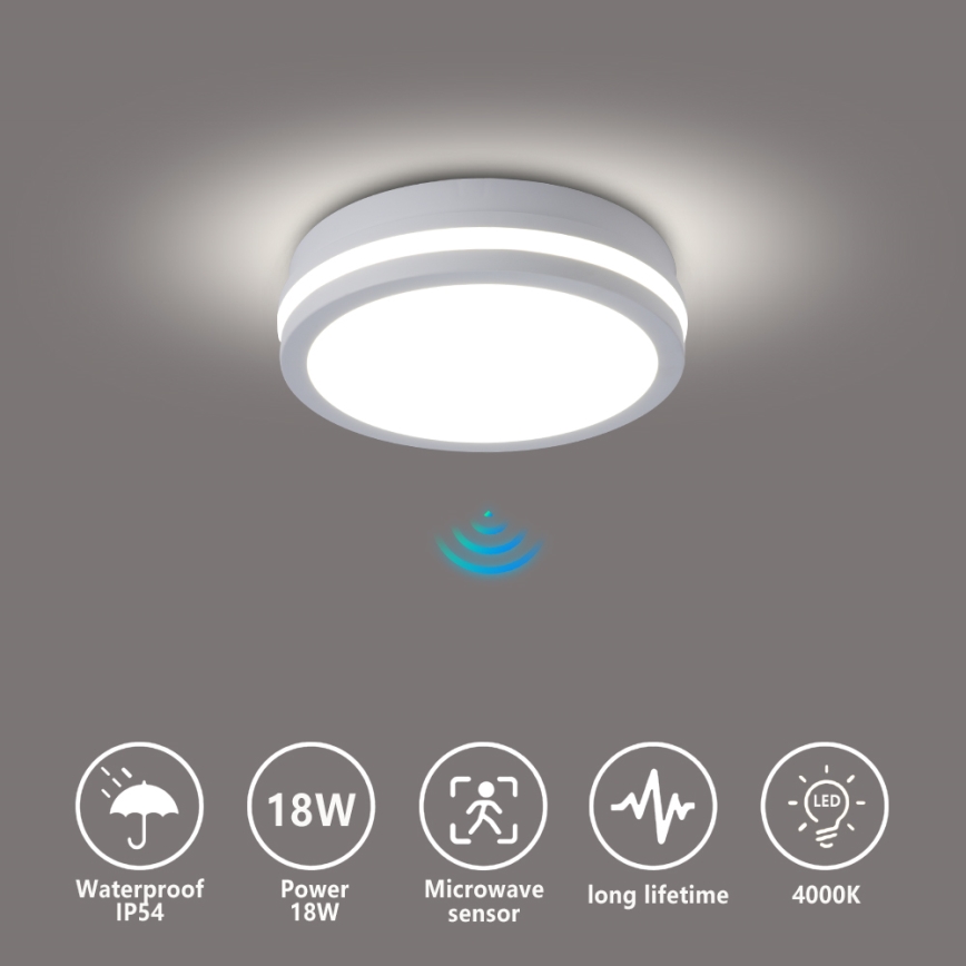 Brilagi - LED Outdoor Ceiling Light with Sensor BENE LED/18W/230V Ø 21.5 cm white IP54