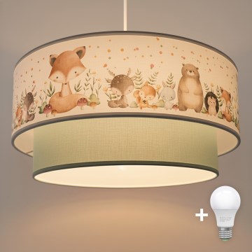 Brilagi - BOBO LED Children's Pendant Light on Cable, 1xE27/60W/230V, Ø 40 cm, White/Green/Animal Motifs