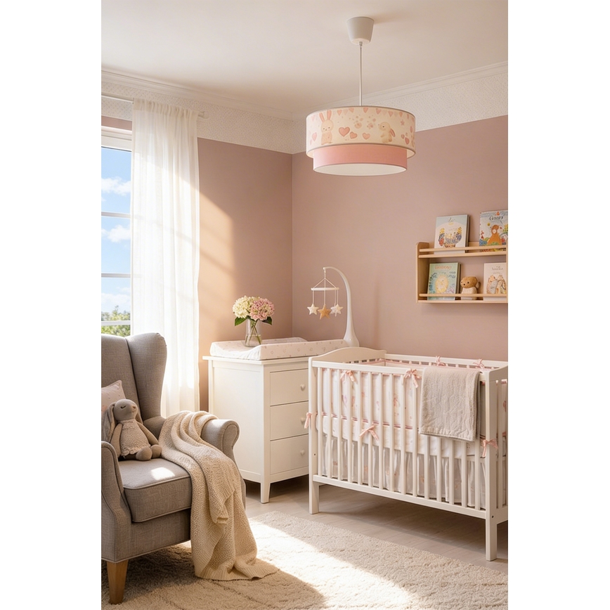 Brilagi - BOBO LED Kids' Pendant Light on Cord 1xE27/10W/230V Ø 40 cm cream/pink with bunny motif