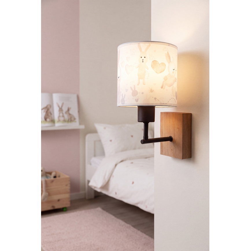 BRILAGI - BOBO WOOD Children's Wall Lamp 1xE27/25W/230V, oak/black/white with rabbit motif