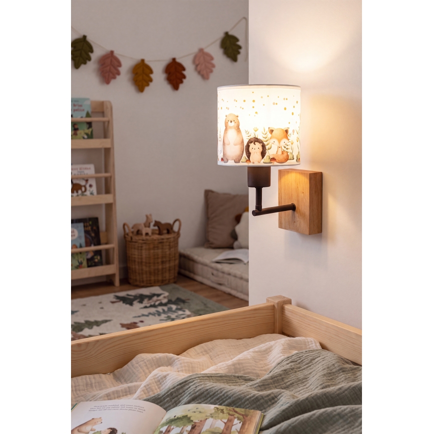 BRILAGI - Kids' Wall Lamp BOBO WOOD 1xE27/25W/230V Oak/Black/White/Animal Motifs