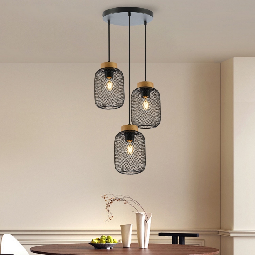 Brilagi - Cable Pendant BASKLITE 3xE27/15W/230V rubberwood/black