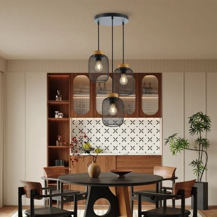 Brilagi - Cable Pendant BASKLITE 3xE27/15W/230V rubberwood/black