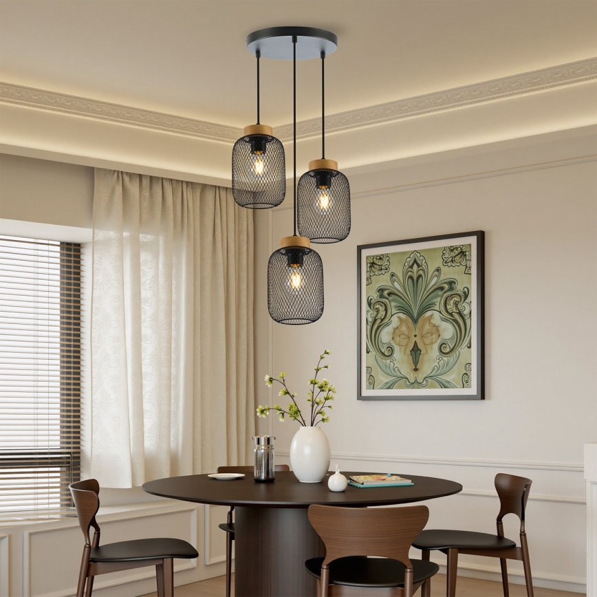 Brilagi - Cable Pendant BASKLITE 3xE27/15W/230V rubberwood/black