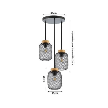 Brilagi - Cable Pendant BASKLITE 3xE27/15W/230V rubberwood/black