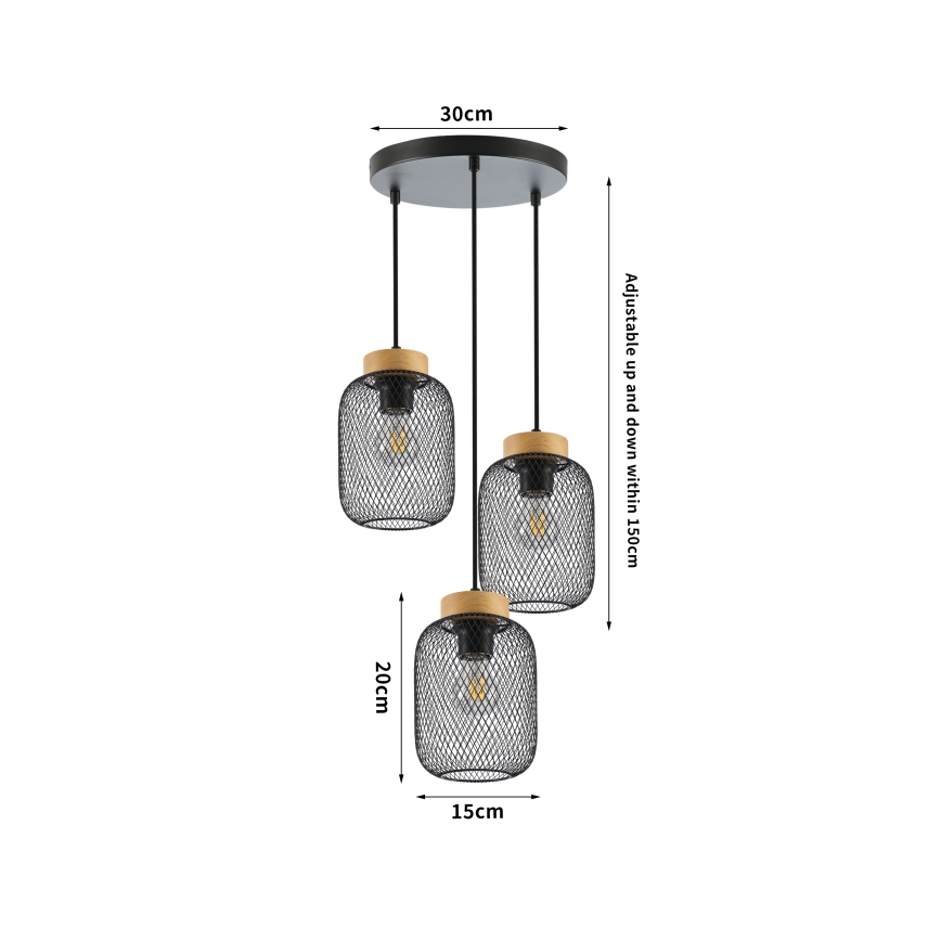 Brilagi - Cable Pendant BASKLITE 3xE27/15W/230V rubberwood/black