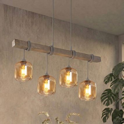 BRILAGI - WOOD GLASS Cord Pendant Light 4xE27/60W/230V pine/gray/smoky brown