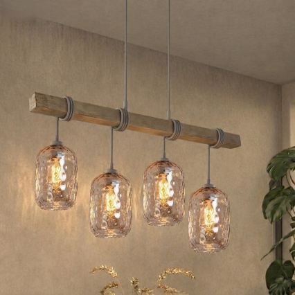 BRILAGI - Cable Pendant WOOD GLASS 4xE27/60W/230V pine/gray/smoked brown