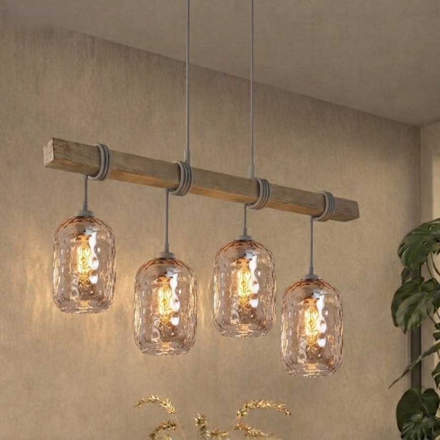 BRILAGI - Cable Pendant WOOD GLASS 4xE27/60W/230V pine/gray/smoked brown