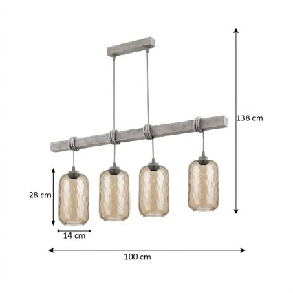 BRILAGI - Cable Pendant WOOD GLASS 4xE27/60W/230V pine/gray/smoked brown