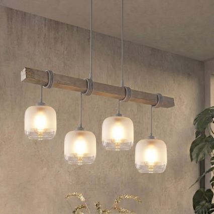 BRILAGI - Cable pendant light WOOD GLASS 4xE27/60W/230V pine/grey/white