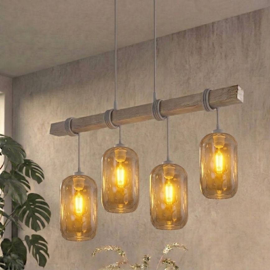 BRILAGI - Cable pendant WOOD GLASS 4xE27/60W/230V pine/gray/smoky gray
