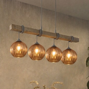BRILAGI - Cable-suspended chandelier WOOD GLASS 4xE27/60W/230V pine/grey/smoky brown